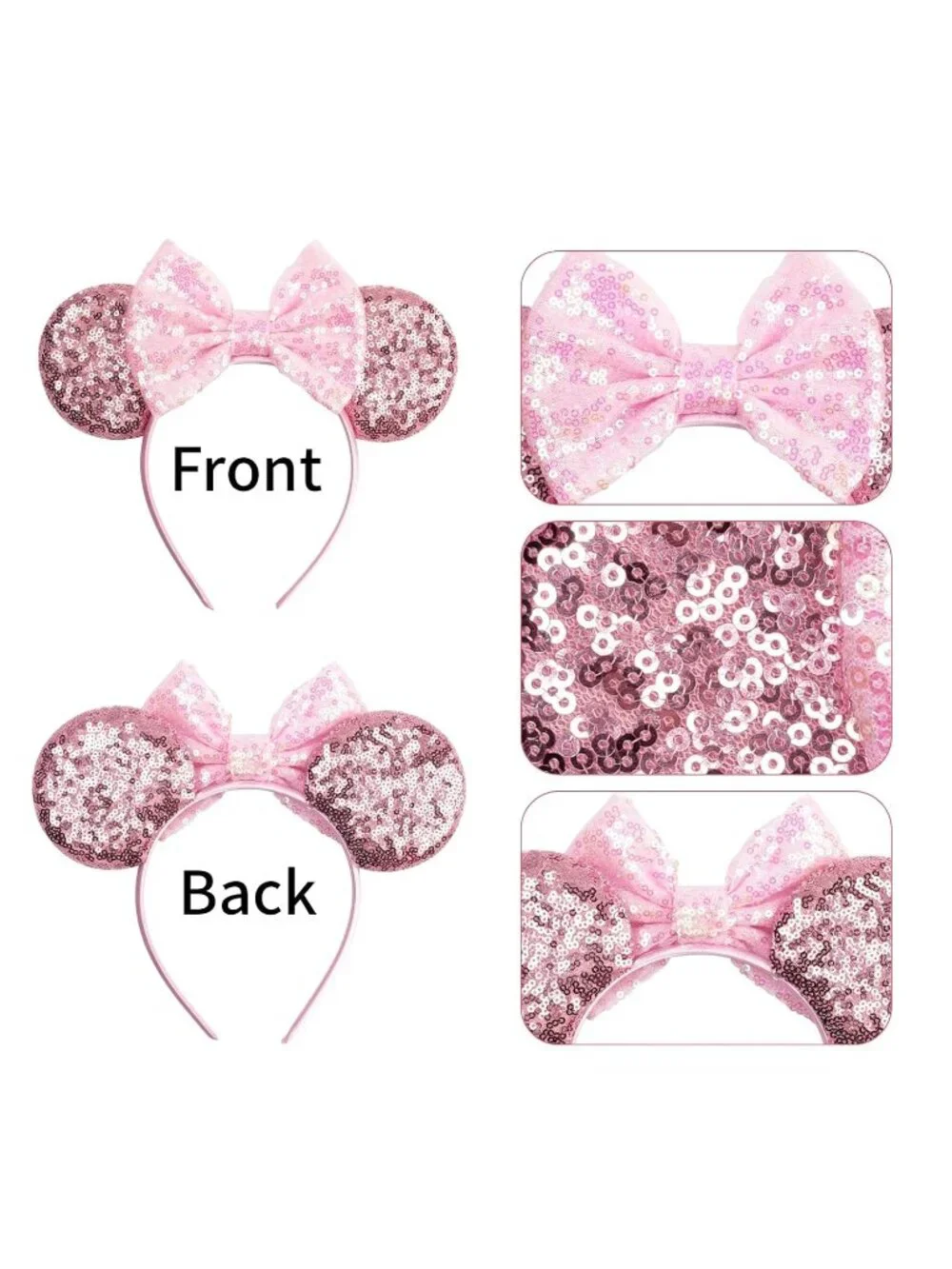 Women Sparkle Pink Polyester Sequins Mickey Mouse Hair Bow Handmade Headband